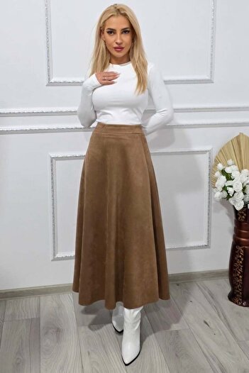 FashionForYou Elegant velvet skirt, Tiziana with pleats and long cut, BEIGE