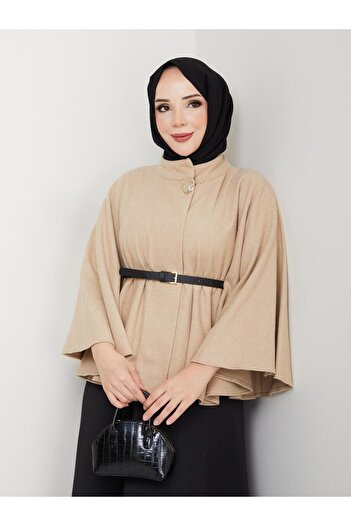 Nergis Neva Butik Stamped yellow buttoned leather belted poncho