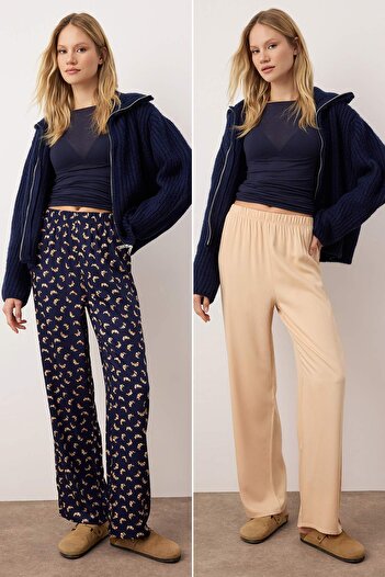 Trendyol Collection Navy Blue-Multicolor 2-Pack Croissant Patterned Viscose Woven Pajama Bottoms Thmaw26Pj00000