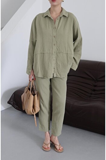 Laluvia Khaki 100% Linen Shirt Pants Set
