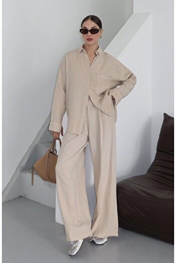 Laluvia Natural 100% Linen Shirt Pants Set