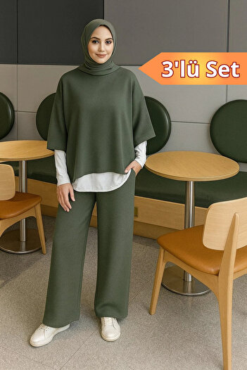 onlymoon Women's 3-Piece Set ♦   Scuba Fabric ♦   Khaki Green ♦   High Waist ♦   Wide Leg Pants ♦   Casual Stylish Outfit
