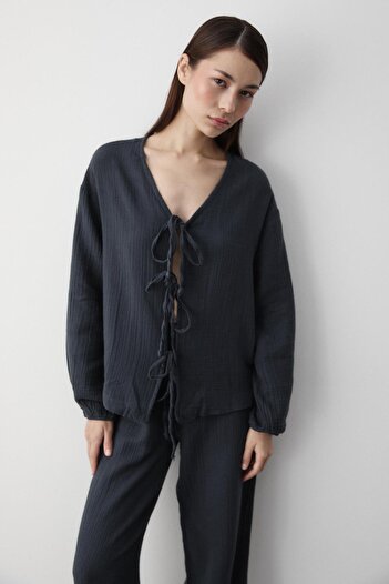 Laluvia Anthracite 100% Cotton Tie-Up Blouse and Pants Set