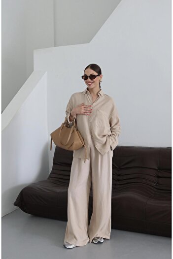 Laluvia Natural %100 Keten Gömlek Pantolon Takım