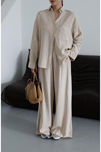 Laluvia Natural 100% Linen Shirt Pants Set