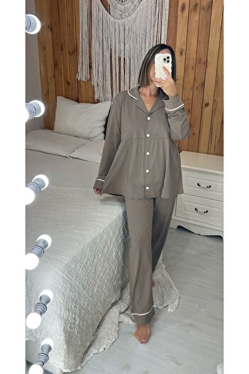 Pijamapartisi Vizon renk Penye Kumaş Pileli Hamile Lohusa Pijama Takımı (geniş Kalıptır