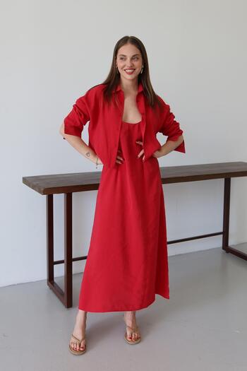 Laluvia Rotes Modal-Hemdkleid-Set