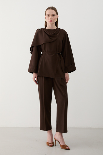 Laluvia Bitter Brown Self-Wrapped Blouse Pants Set - 8752