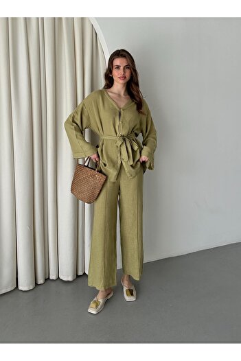 Laluvia Khaki 100% Cotton Belted Shirt Pants Set