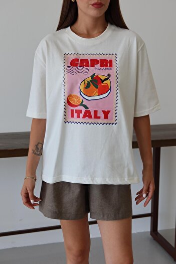 Laluvia Weißes Capri-T-Shirt mit Aufdruck