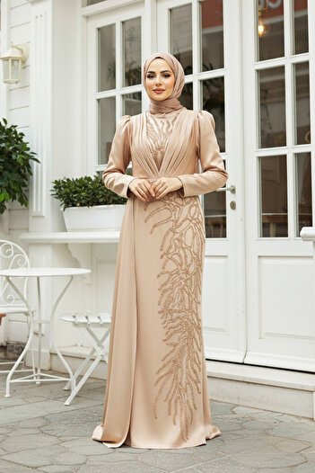 Neva Style Beaded Gold Hijab Evening Dress 23122Gold