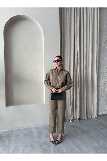 Laluvia Khaki Merlin Belted Shirt Trousers Set