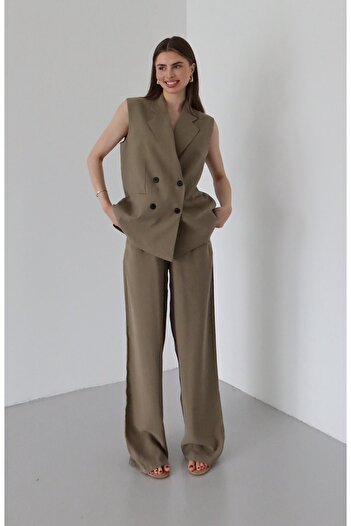 Laluvia Khaki Black Buttoned Vest Pants Set