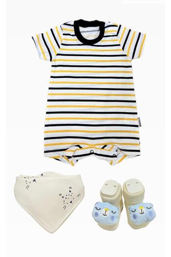 Lumos Trade Newborn Baby Boy 100% Cotton Romper Scarf and Rattle Socks Set - Cute Cat 0-3 Months