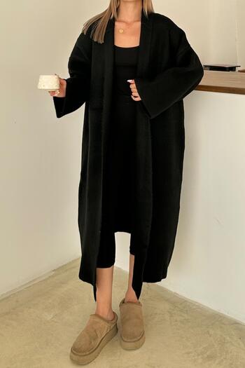 Olcay Oversize Thick Knitwear Long Cardigan Black 8274