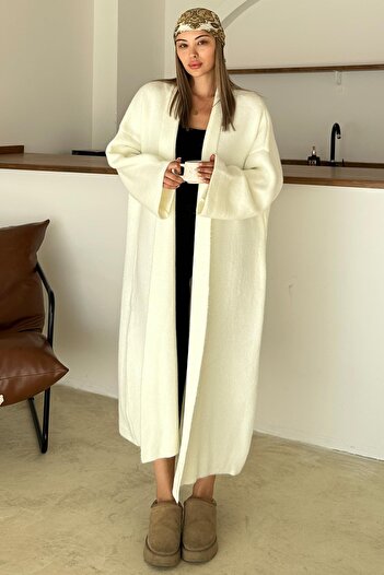Olcay Oversize Thick Knitwear Long Cardigan Ecru 8274