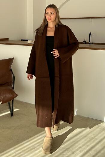 Olcay Oversize Thick Knitwear Long Cardigan Brown 8274