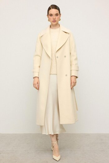 Olcay Reglan Sleeve Snap Closure Medium Length Coat Ecru 3145