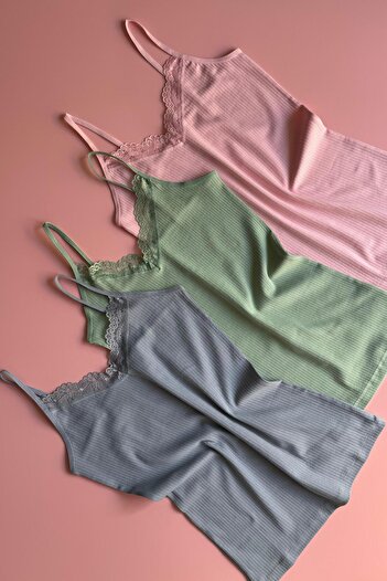VicTroy Lace Touch | 3'lü Dantelli Ç Yeşili, Mavi ve Pembe İp Askılı Fitilli Pamuklu Kadın Atlet 64E21