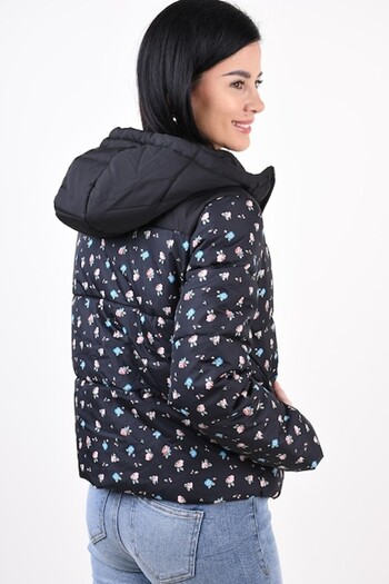 VILA Geaca Maja Highneck Black-Flower cu gluga, Negru
