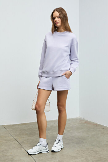 GRIMELANGE Carrol Women's Embroidered Elastic Waist 3 Thread Organic Cotton Relaxed Lilac Shorts