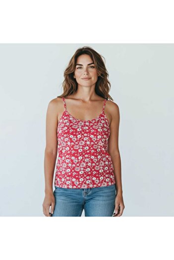 ESTA STORE Red and White Floral Patterned Tank Top with String Straps