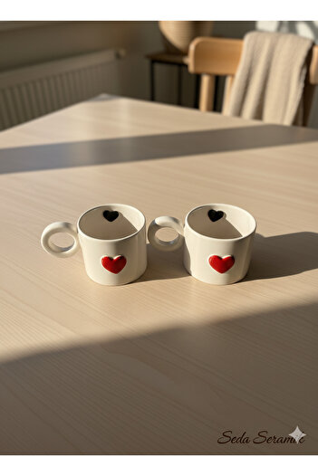 seda seramik 2 Pieces Handmade Embossed Heart Coffee Mug Cup Mug 200 ml