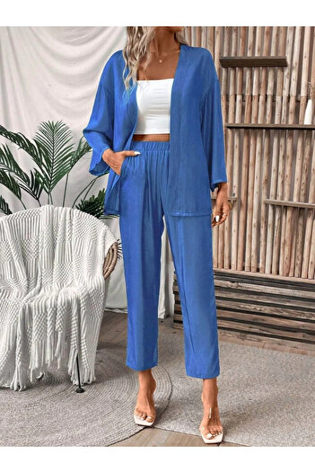 Asil Acar Home Women's Long Sleeve Open Front Woven Jacket and Pants Double Set