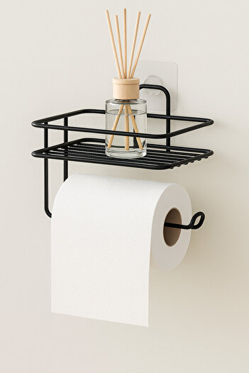 MultiStore Matte Black Toilet Paper Holder - Adhesive and Refillable Wc Holder Hanger
