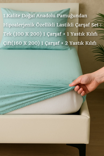 homewell 1St Quality Natural Anatolian Cotton Hypoallergenic Elastic Fitted Sheet Set Mint