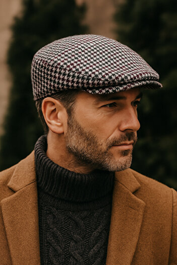 Külah Men's Herringbone Cap – Ecru Patterned Retro Flat Cap