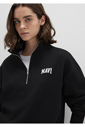 Mavi Logo Printed Semi-Zip Black Sweatshirt 1S10179-900