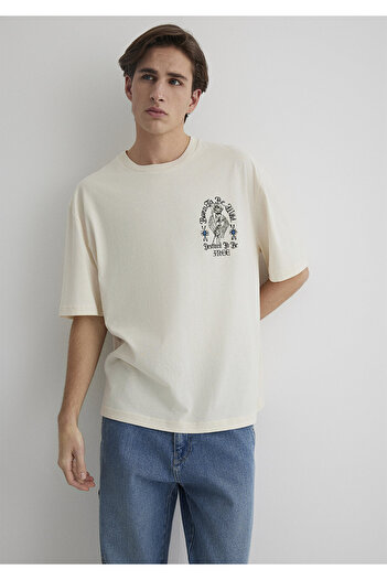 Mavi Ecru-T-Shirt mit Totenkopf-Aufdruck, entspannte Passform / entspannte Passform 0612703 -70072