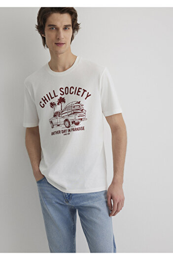 Mavi Weißes T-Shirt mit Strand-Print, reguläre Passform 0612078-70053