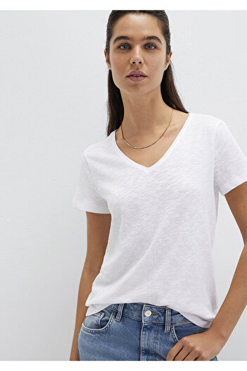 Mavi White V-Neck Flared Slim Fit T-Shirt -168260-620
