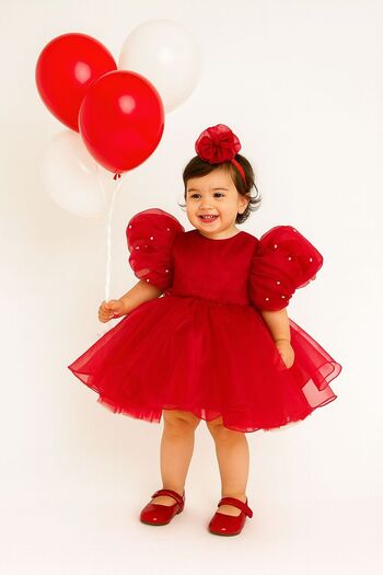 Hobidik Baby Baby Girl Children's Red Pearl Detailed Birthday Dress – Special Design with Tulle