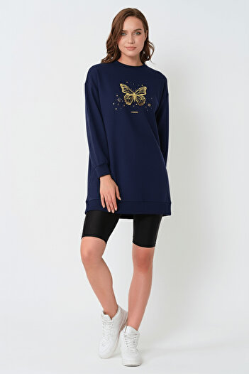 ESPİNA Crew Neck Butterfly Printed Knitted Long Sweat Tunic-Navy Blue