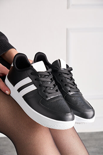 Nstil Günlük Unisex Siyah Beyaz Spor Ayakkabı Bağcıklı Dikiş Detaylı Hafif Kalın Yüksek Taban Sneaker 4005