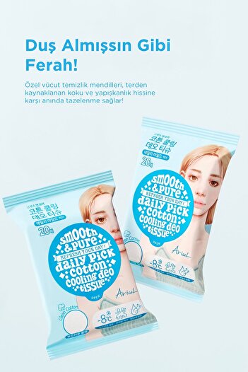 Ariul Smooth Pure Cotton Cooling Deo Tissue Cilt Serinletici Koku Önleyen Vegan Deodorant Mendil 20 adet