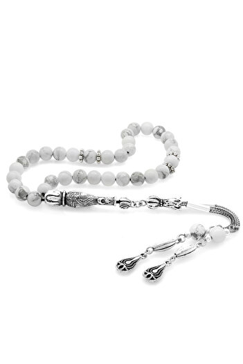 Tesbihane Non-Tarnish Metal Water Drop Tassel Sphere Cut Howlite Natural Stone Prayer Beads