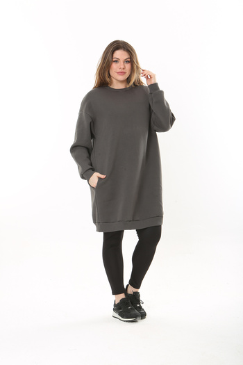 Şans Women's Large Size Smoked Ribbon 3 Thread Long Sweatshirt with Side Pockets 65N37494