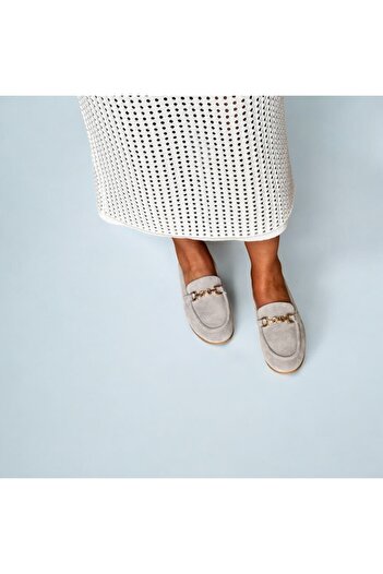 NE&VE SHOES Pantofi de damă cu lanț din piele naturală din piele de căprioară gri