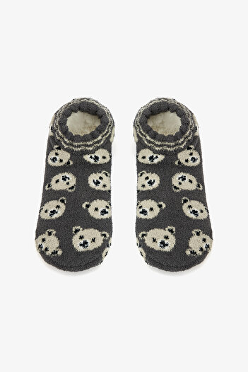Penti Dark Gray Bear Patterned House Slippers