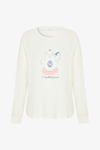 Penti Off-White Tea Time Crew Neck Thermal Effect Sweatshirt Pajama Top