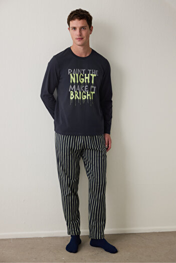 Penti Striped Night Men's Crew Neck Long Sleeve Pajama Set