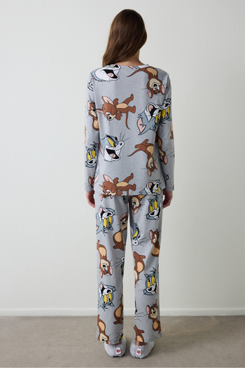 Penti Gri Melanj Friends Baskılı Bisiklet Yaka Uzun Kollu Pijama Takımı