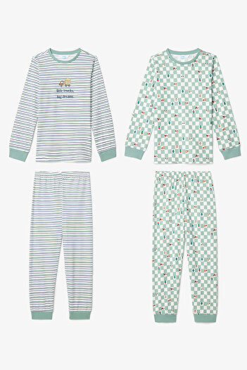 Penti Off-White Little Truck gestreiftes Langarm-Pyjama-Set für Jungen im 2er-Pack