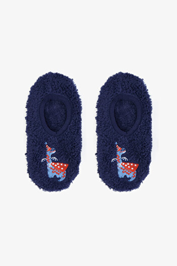 Penti Dark Indigo Boy's Dinosaur Patterned Embroidered Non-Slip Sole Home Shoes