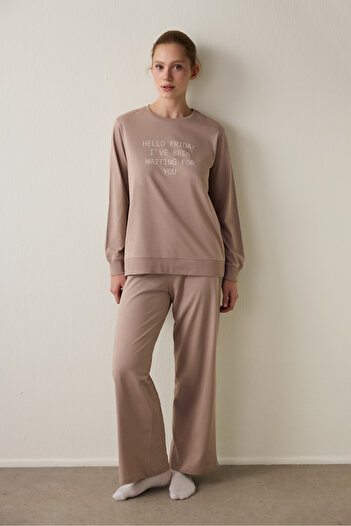 Penti Dark Beige Hello Friday Printed Crew Neck Long Sleeve Pajama Top