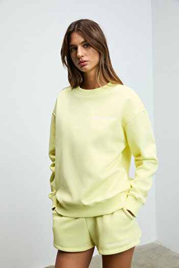 GRIMELANGE Jennıfer Kadın Organik Pamuklu Nakışlı Yuvarlak Yakalı Oversize Sarı Sweatshirt